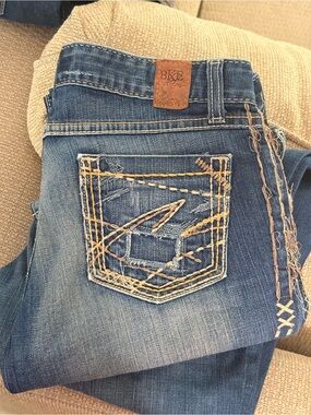 BKE Women's Bootcut Jeans in Blue with Tan Stitching